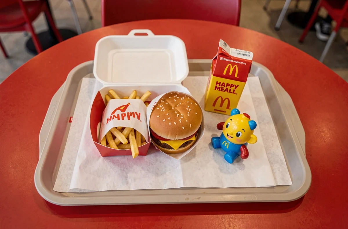 Vue aérienne d'un Happy Meal McDonald's ouvert avec frites, burger, jus de fruit et jouet sur un plateau, illustrant le contenu et le prix du menu