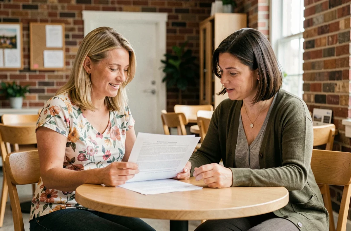 Assistante maternelle et parent employeur examinant ensemble un contrat d'accueil centralisé dans un espace collaboratif