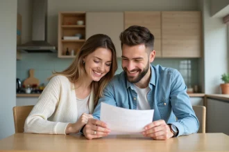 Jeune couple souriant avec liste de cadeaux bébé dans la cuisine