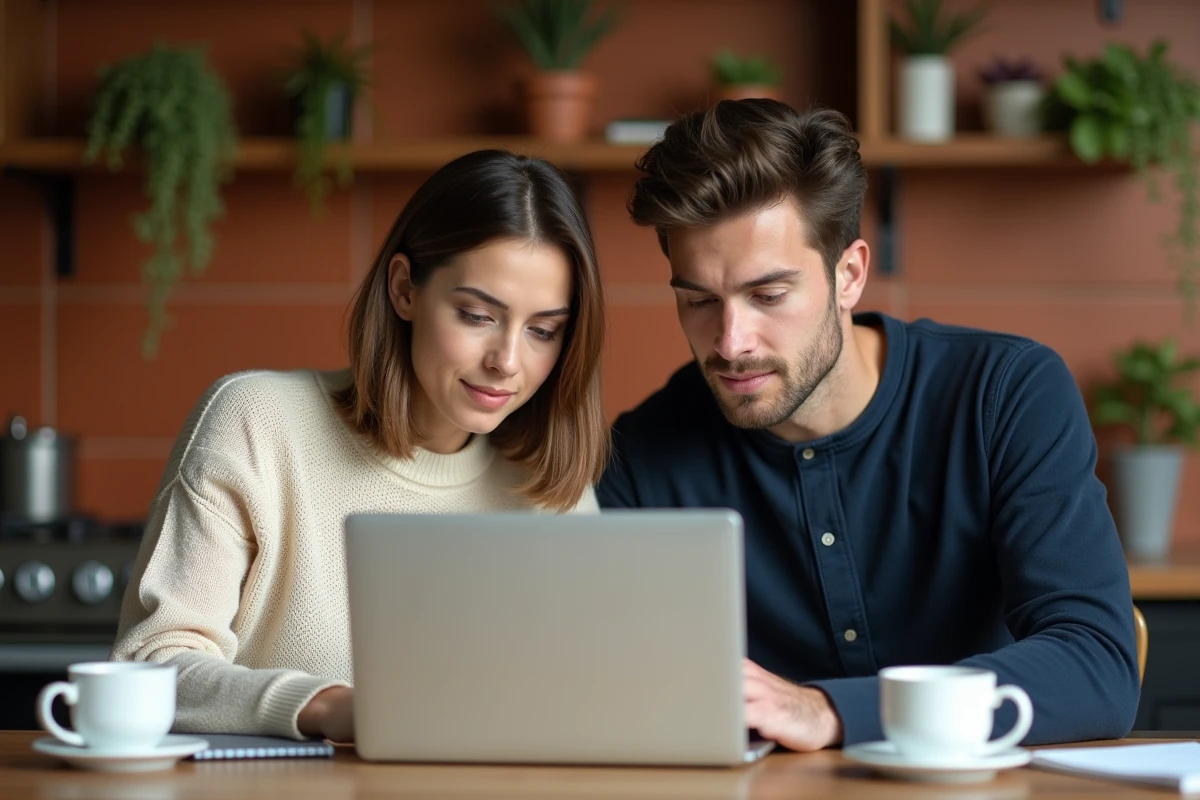 Couple assis à une table en bois consultant un test de compatibilité amoureuse sur un ordinateur portable dans une cuisine chaleureuse