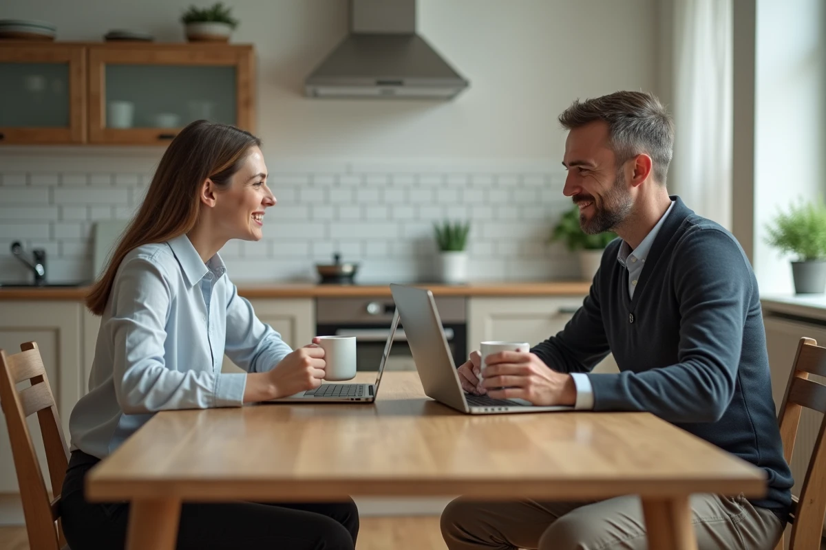 Homme et femme d affaires partageant un repas dans la cuisine