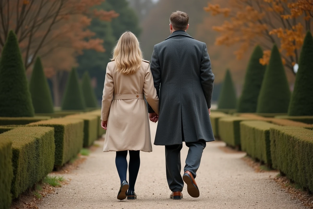 Couple se promenant discrètement dans un jardin européen symbolisant la discrétion sur la vie de couple d'une personnalité publique