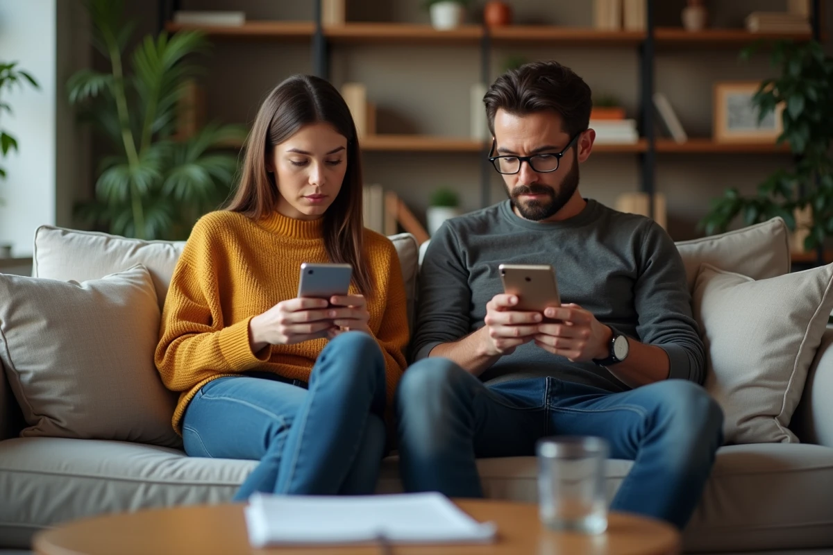 Couple séparé sur un canapé consultant chacun un appareil numérique avec un document de divorce entre eux