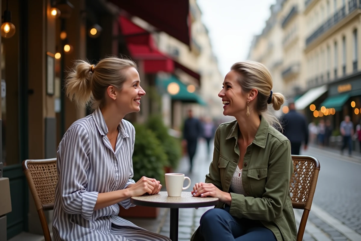 Deux femmes en conversation animée à une terrasse de café parisien, illustration de la vie de couple moderne