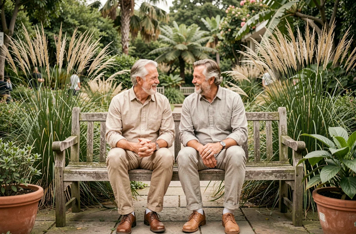 Deux hommes en couple assis sur un banc dans un jardin botanique, moment de complicité et de détente dans un cadre végétal naturel