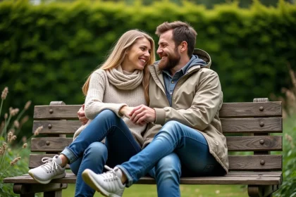 Couple assis sur un banc en jardin verdoyant