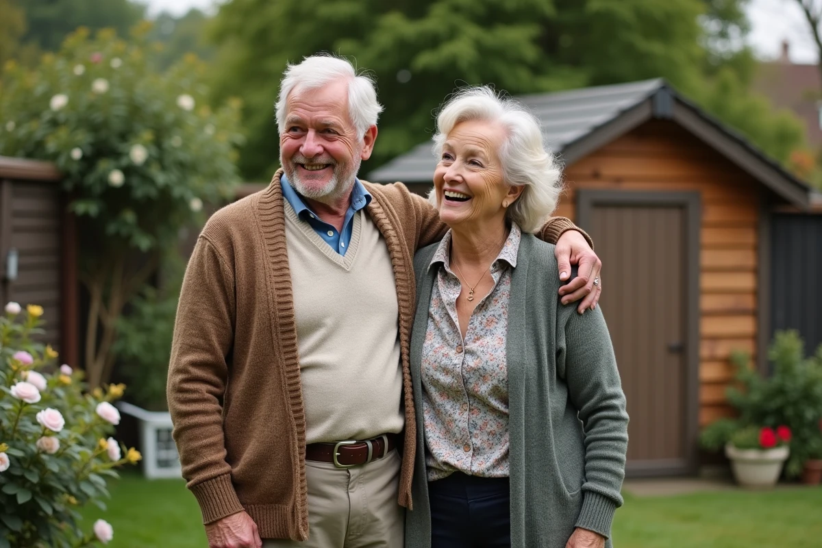 Couple mature souriant dans leur jardin familial
