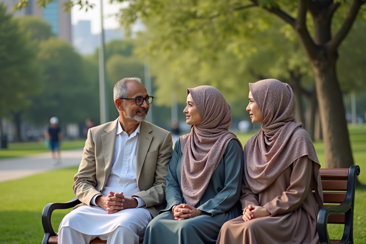 Un couple musulman et une femme dans un parc urbain