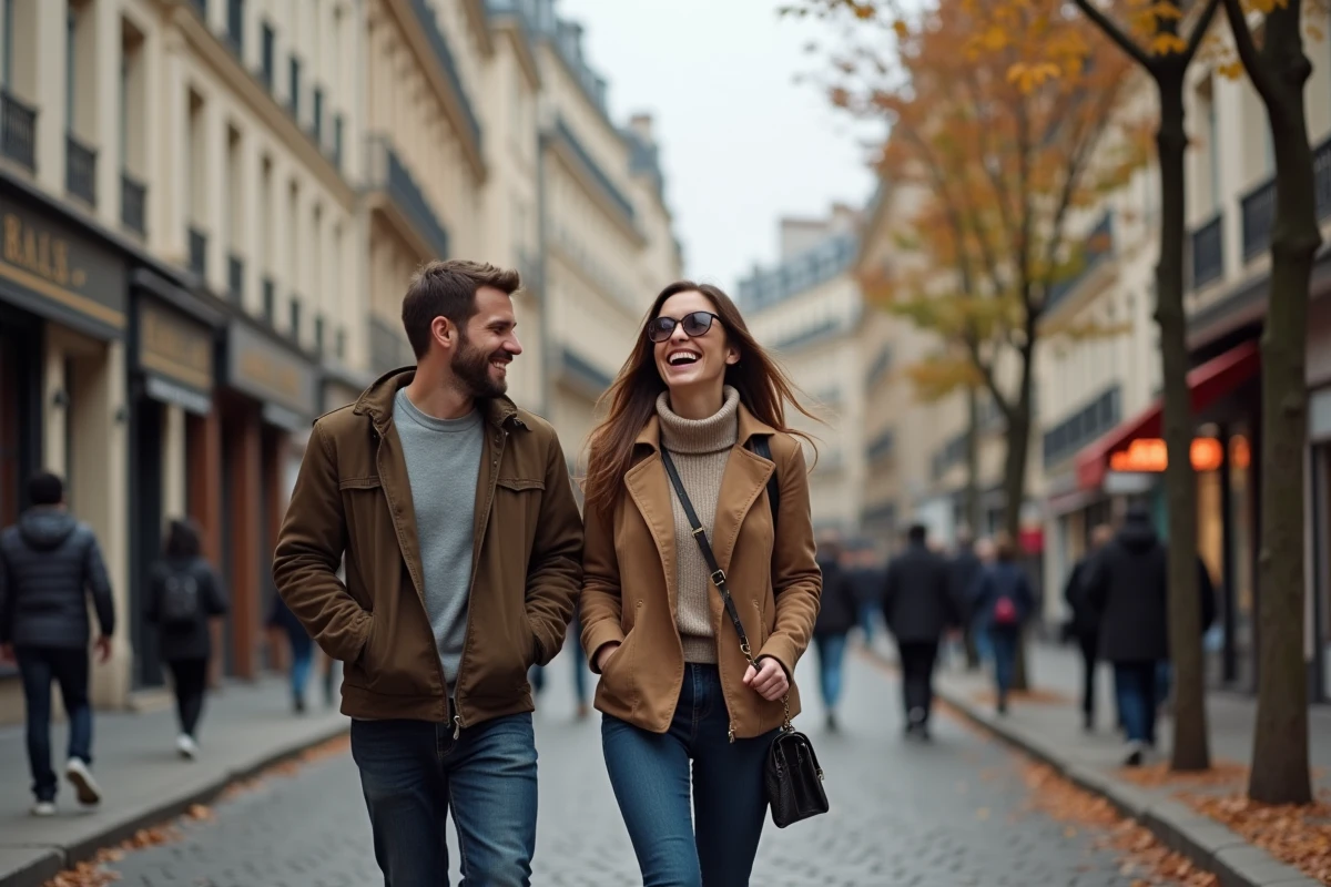 Couple élégant et complice se promenant dans les rues parisiennes en automne, ambiance lifestyle