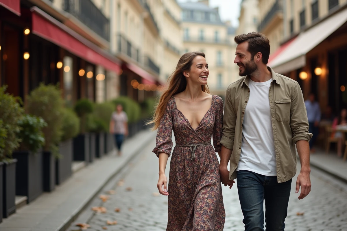 Couple complice se promenant dans une rue pavée parisienne en automne, ambiance romantique et décontractée