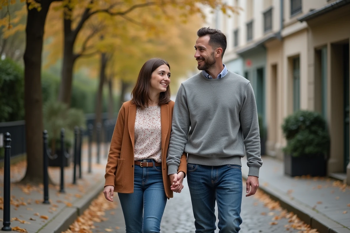 Couple se promenant main dans la main dans une rue pavée de Paris en automne, atmosphère naturelle et complice