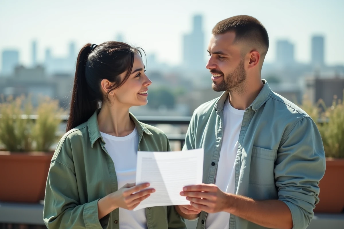 Couple discutant d'un questionnaire de compatibilité amoureuse sur une terrasse urbaine ensoleillée