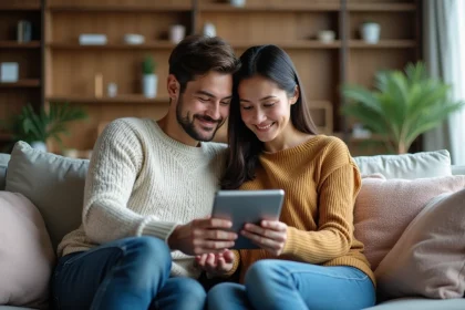 Jeune couple sur un sofa dans un salon cosy