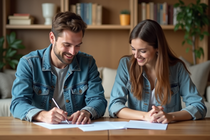 Couple de jeunes adultes travaillant sur des papiers dans un cadre chaleureux