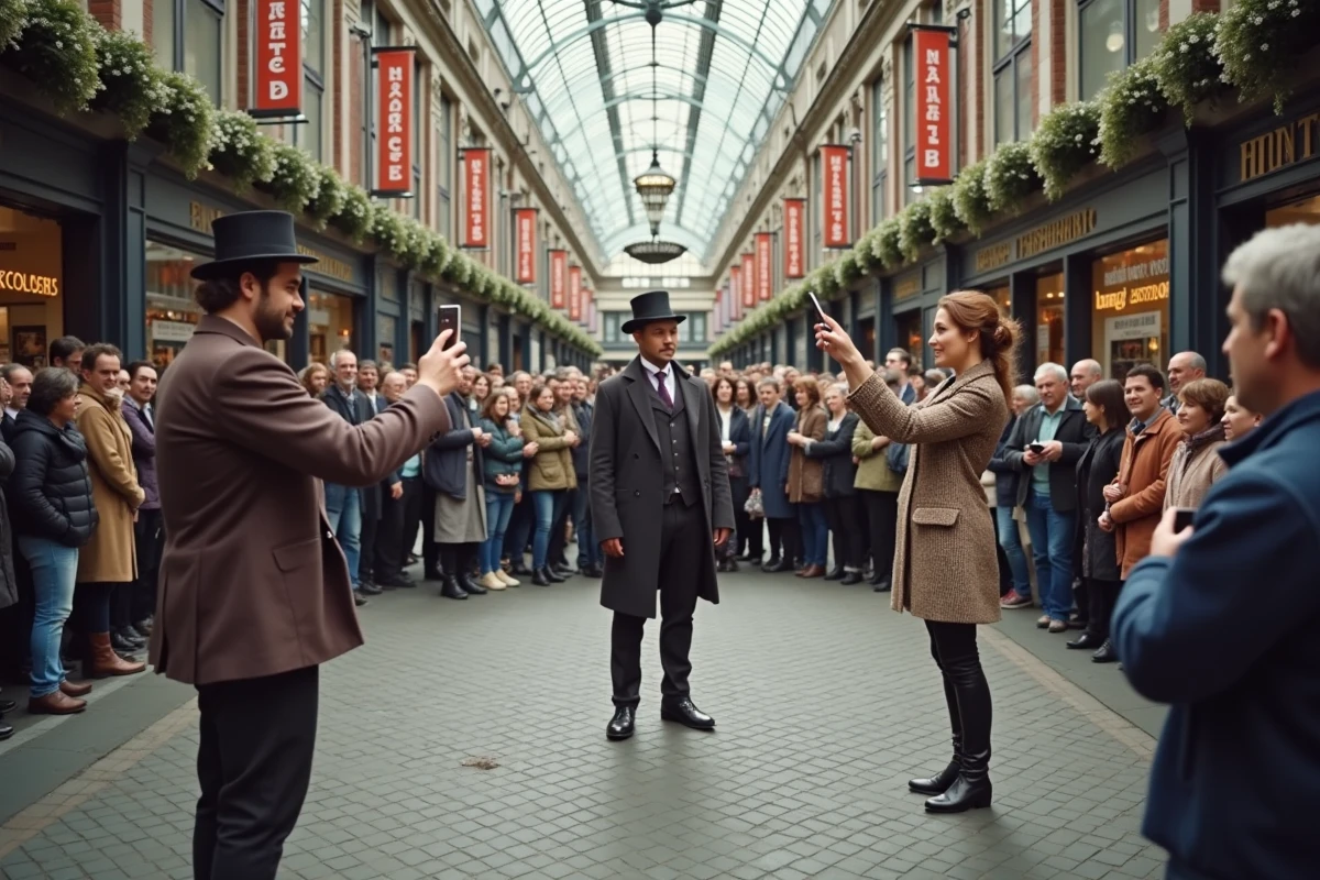 Animation de rue à Covent Garden Londres avec touristes et artiste de rue pendant un week-end de vacances scolaires