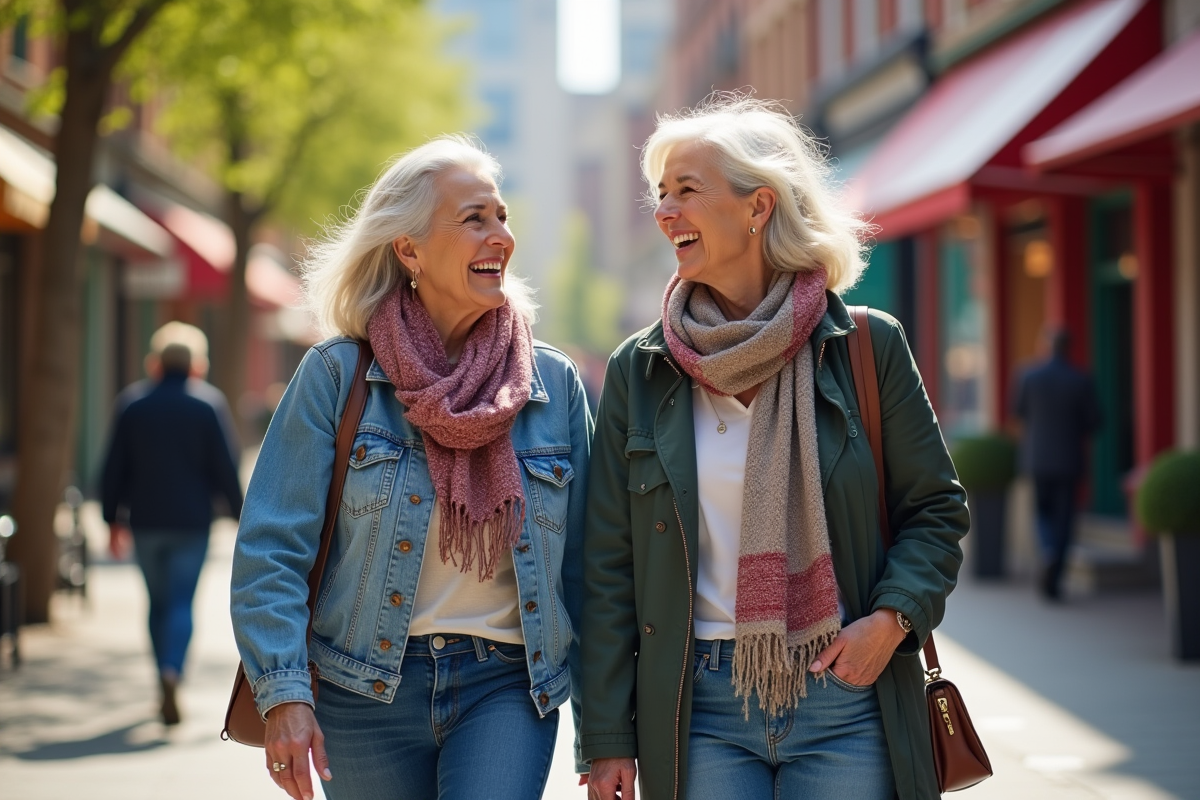 Deux femmes souriantes dans la rue urbaine printaniere