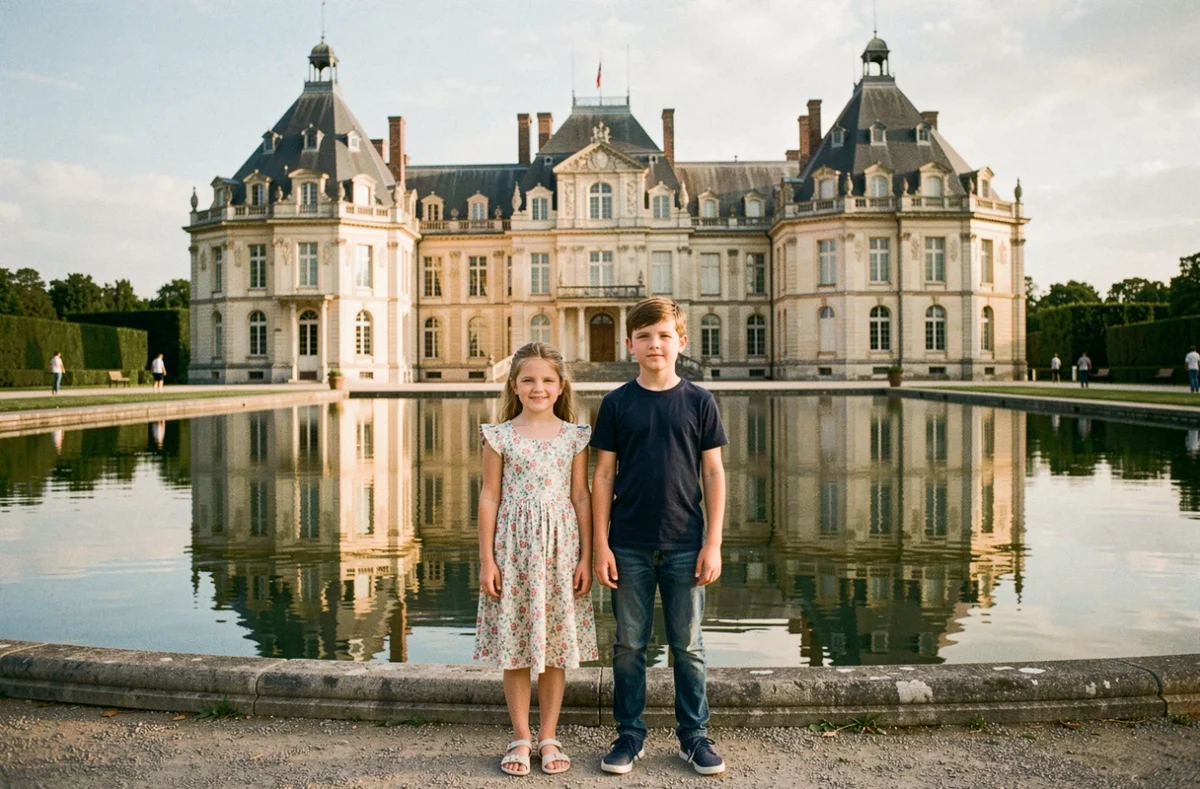 Enfants devant le château et le grand canal du Domaine de Chantilly dans l'Oise
