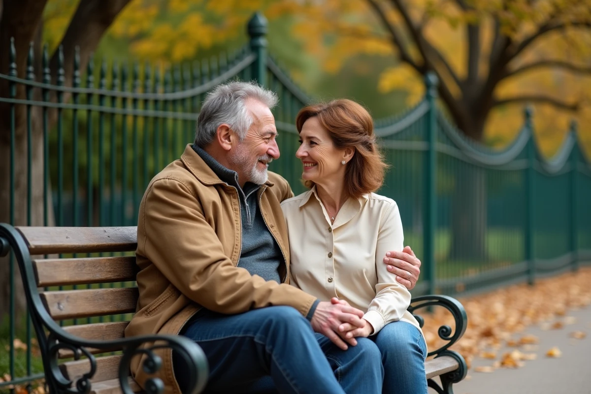 Couple de quinquagénaires partageant un moment complice sur un banc dans un jardin parisien en automne, illustrant la vie de couple et l'intimité familiale de Dominique Pinon