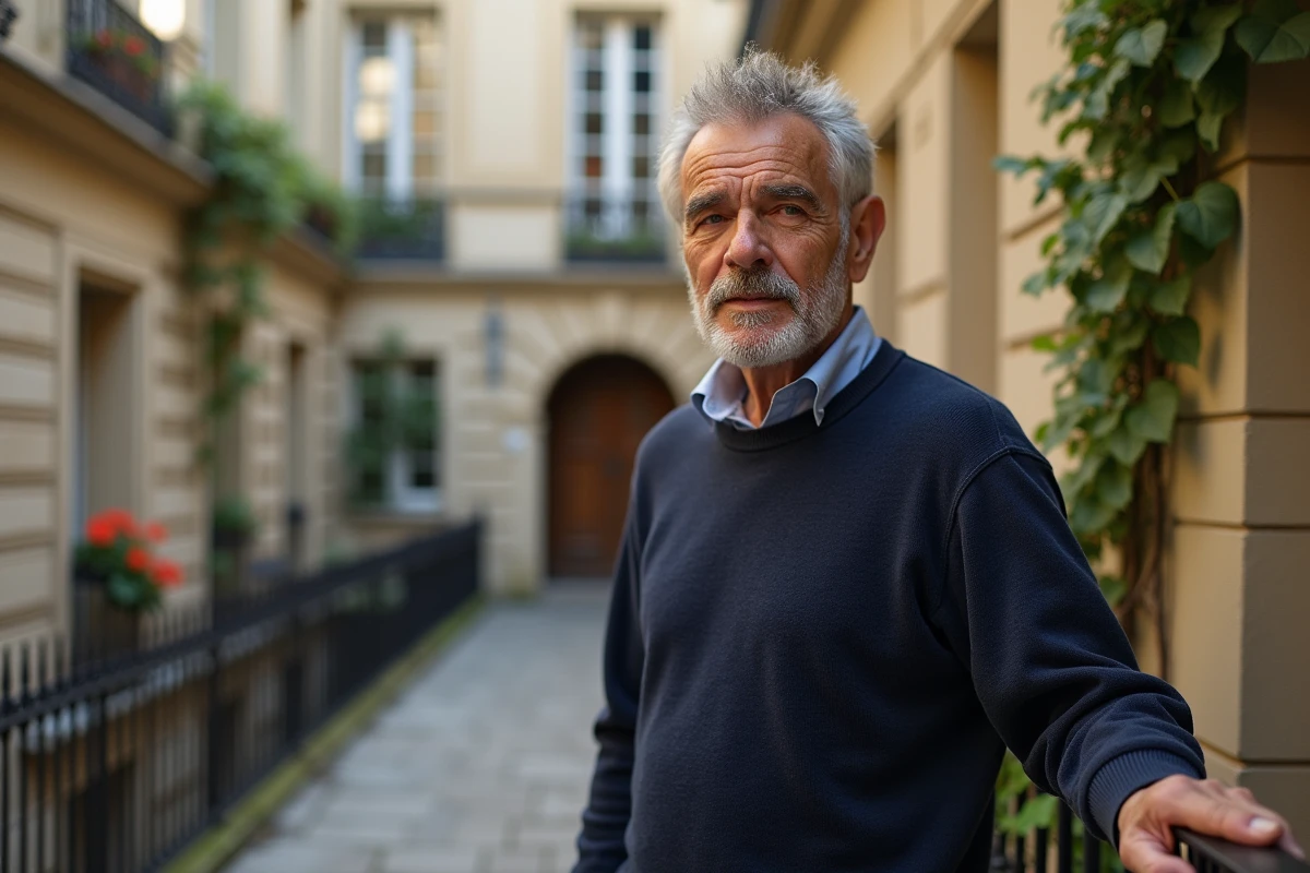 Homme français mature aux traits expressifs dans la cour d'un immeuble haussmannien, évoquant l'intimité familiale et les liens personnels de Dominique Pinon