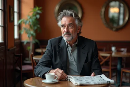 Portrait intimiste d'un homme d'âge mûr aux traits expressifs assis dans un bistrot parisien, illustrant la vie privée et familiale de Dominique Pinon