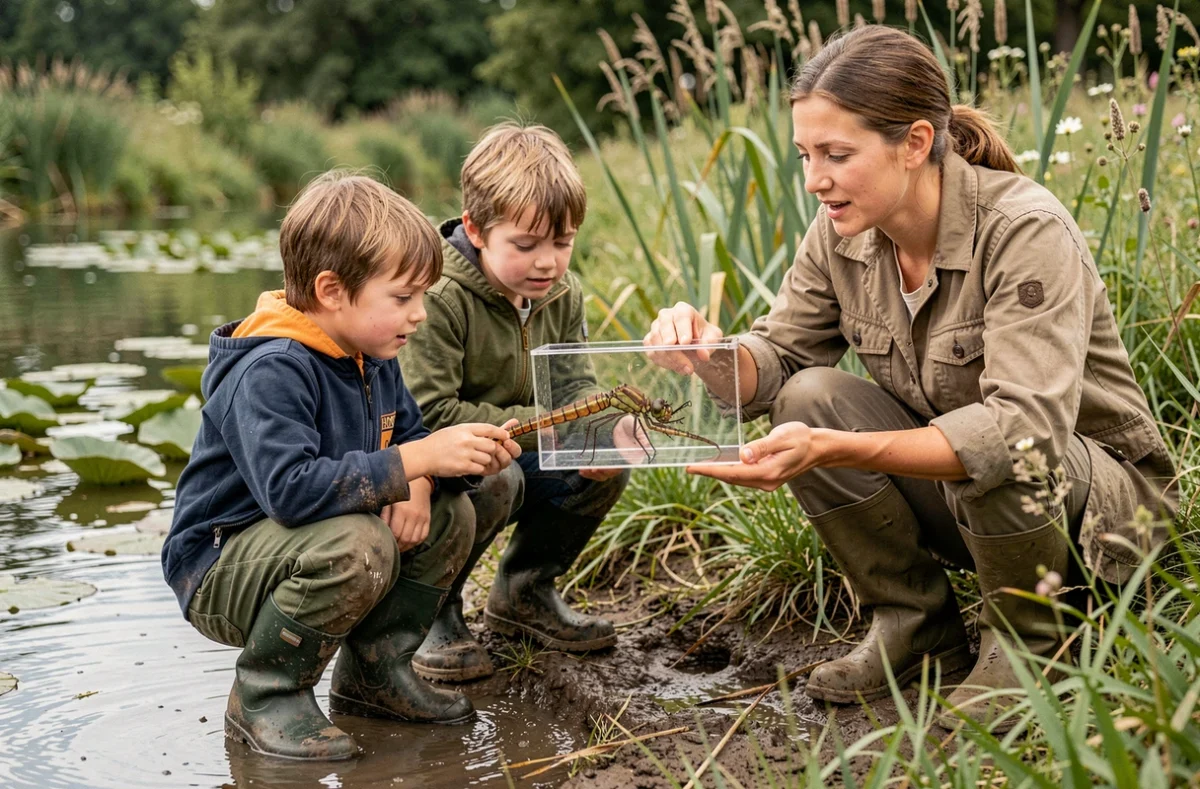 Enfants observant des larves de libellules lors d'une sortie nature à Ermenonville dans l'Oise
