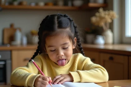 Petite fille écrivant un proverbe pour sa maman dans un carnet, assise à une table en bois dans une cuisine familiale chaleureuse
