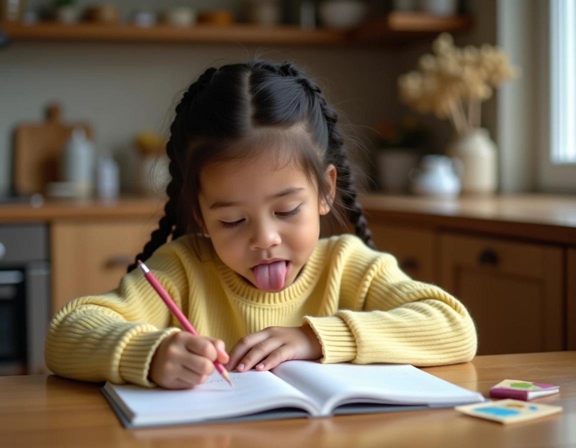 Petite fille écrivant un proverbe pour sa maman dans un carnet, assise à une table en bois dans une cuisine familiale chaleureuse