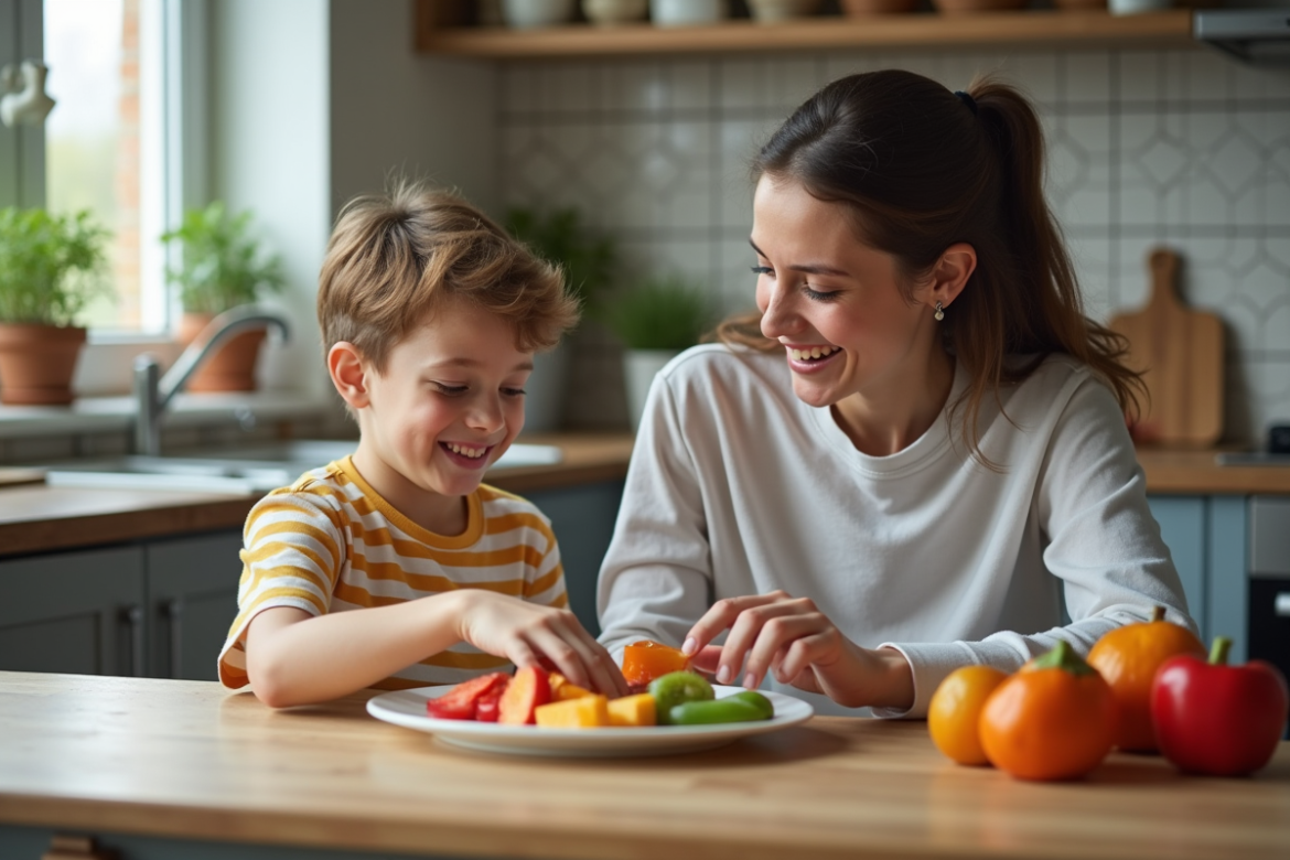 Garçon de 8 ans avec sa mère préparant un plat de fruits