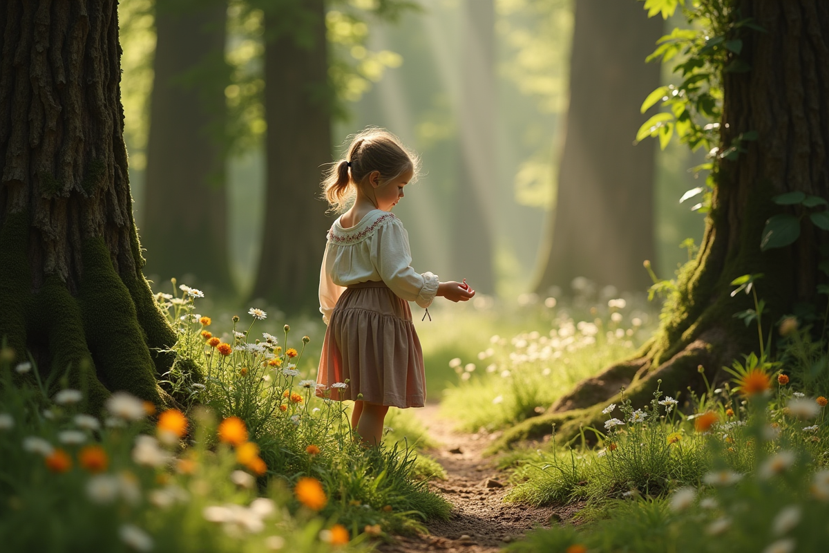 Jeune fille ramassant des fleurs dans la forêt magique