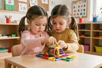 Petite fille en maternelle jouant avec des tuiles magnétiques colorées sur une table en bois dans une salle de classe