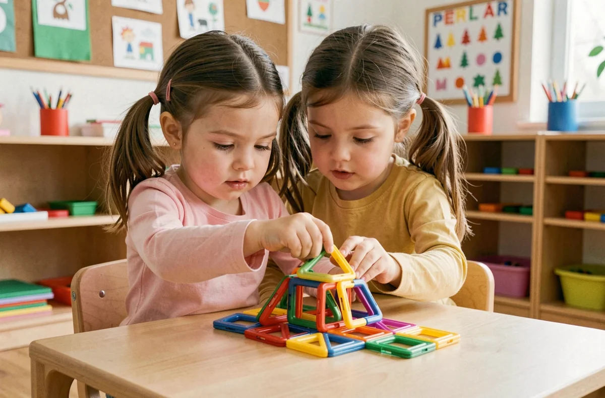 Petite fille en maternelle jouant avec des tuiles magnétiques colorées sur une table en bois dans une salle de classe