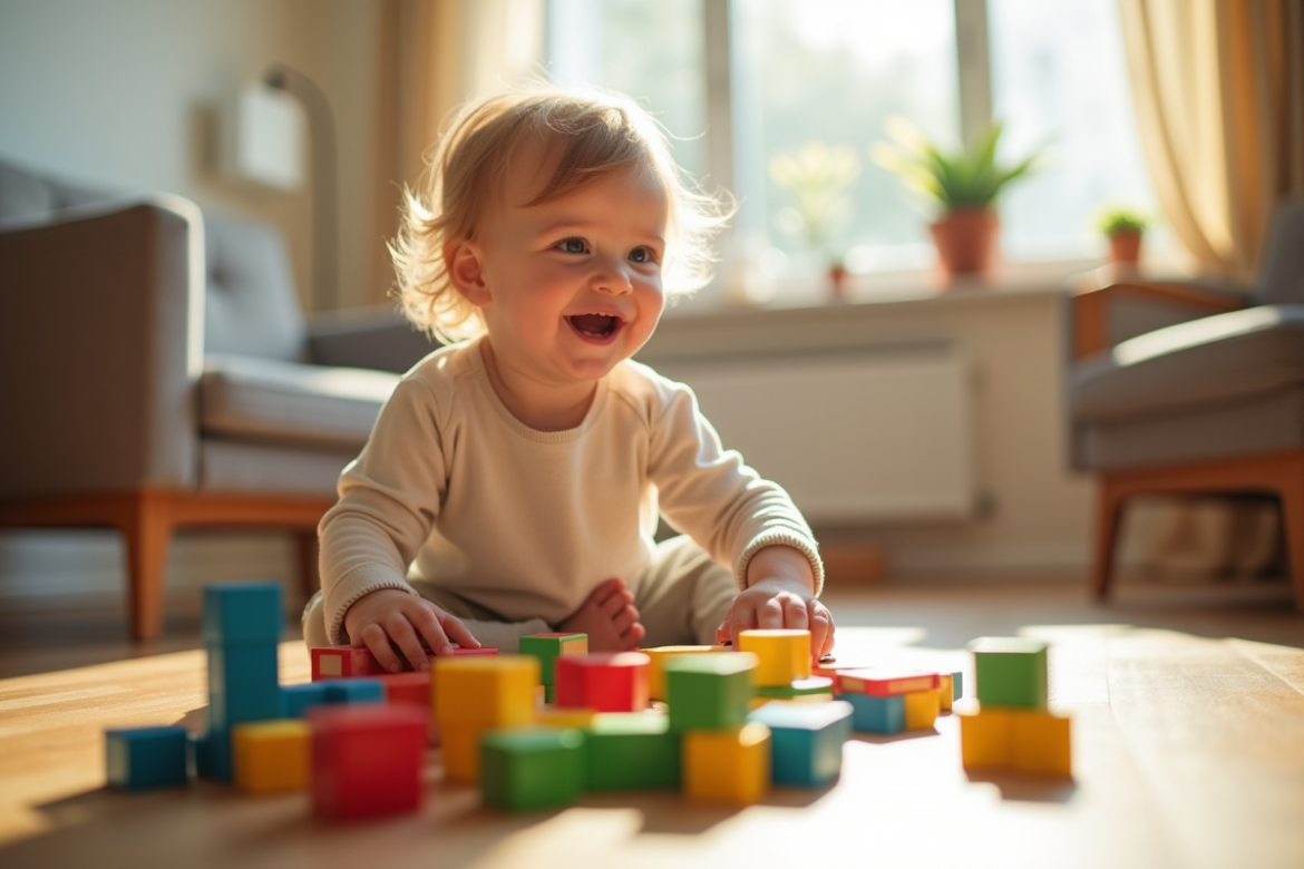 Enfant joyeux jouant avec des blocs éducatifs colorés