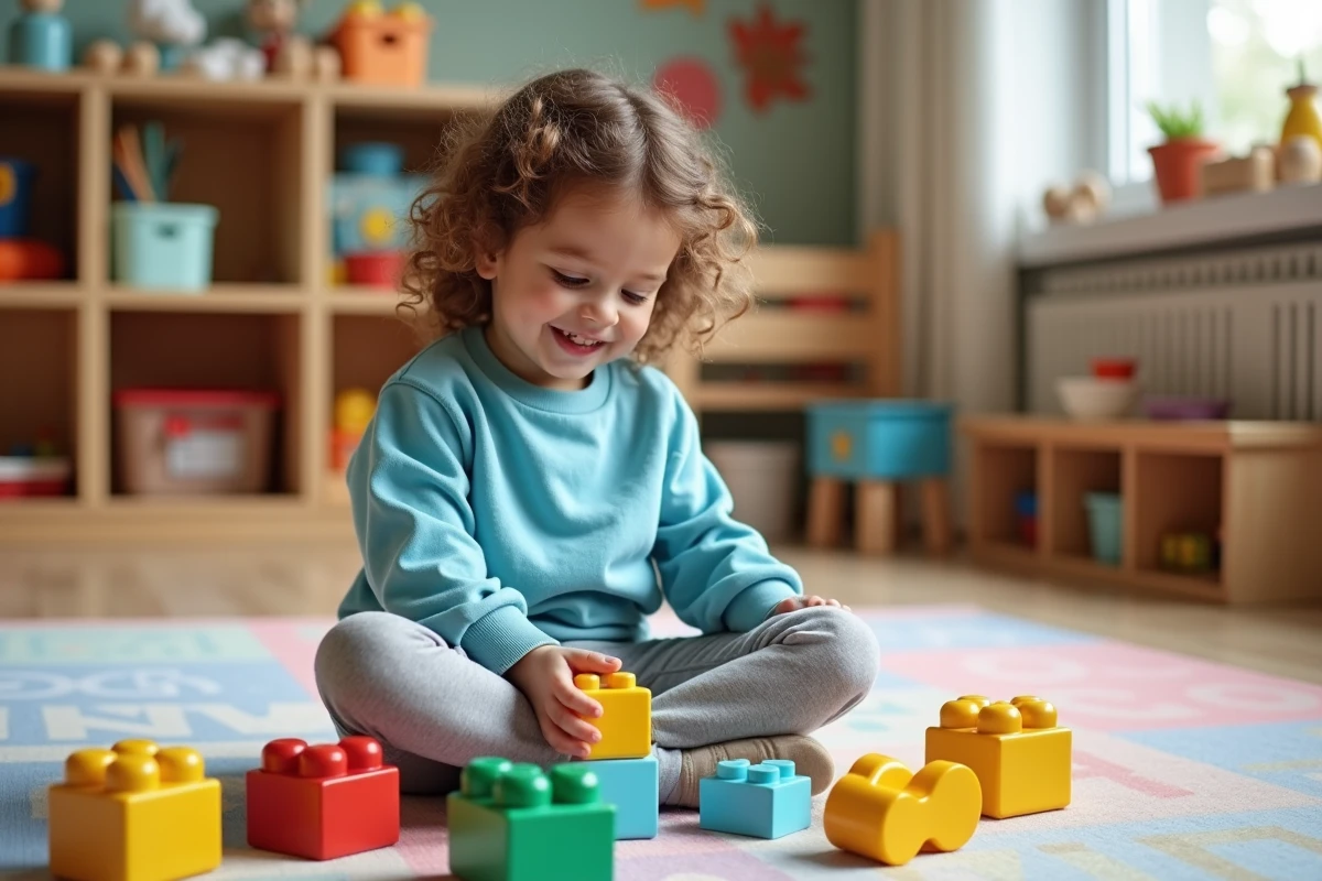 Fille de trois ans joue avec des blocs colorés dans une crèche moderne