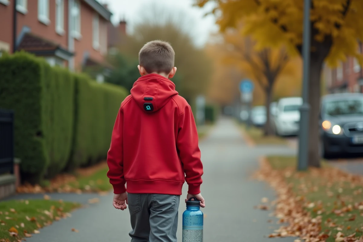 Enfant marchant seul dans la rue avec un traceur GPS sans abonnement fixé à sa veste