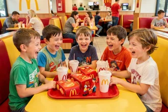Groupe d'enfants joyeux autour d'un repas McDonald's lors d'un anniversaire festif dans un restaurant