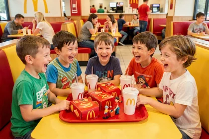 Groupe d'enfants joyeux autour d'un repas McDonald's lors d'un anniversaire festif dans un restaurant