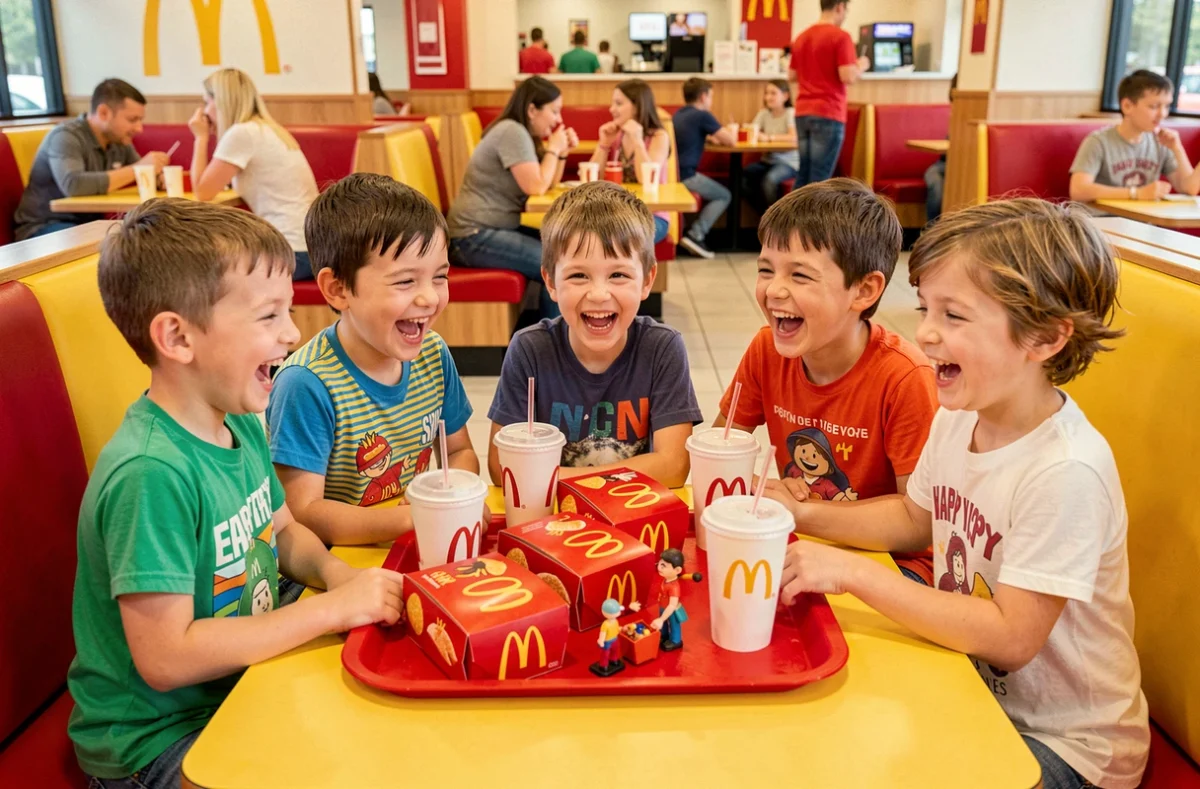 Groupe d'enfants joyeux autour d'un repas McDonald's lors d'un anniversaire festif dans un restaurant