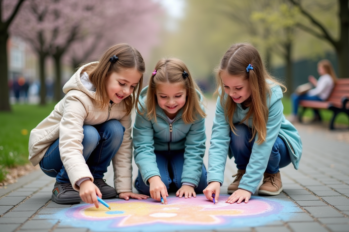 Garçons et filles dessinant avec des craies dans un parc urbain