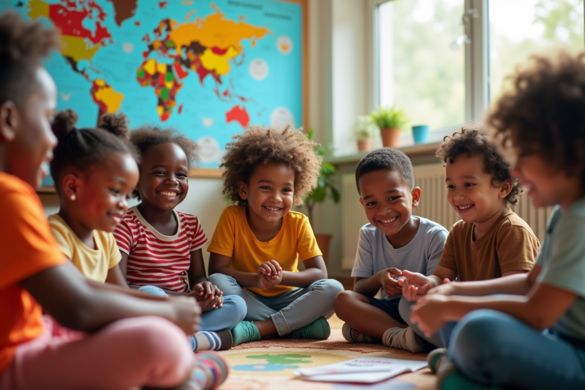 Groupe d'enfants divers partageant des histoires en classe
