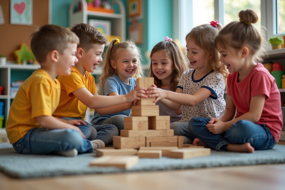 Enfants de 5 à 7 ans construisant une tour de blocs en classe