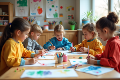Groupe d'enfants peignant dans un atelier d'art lumineux