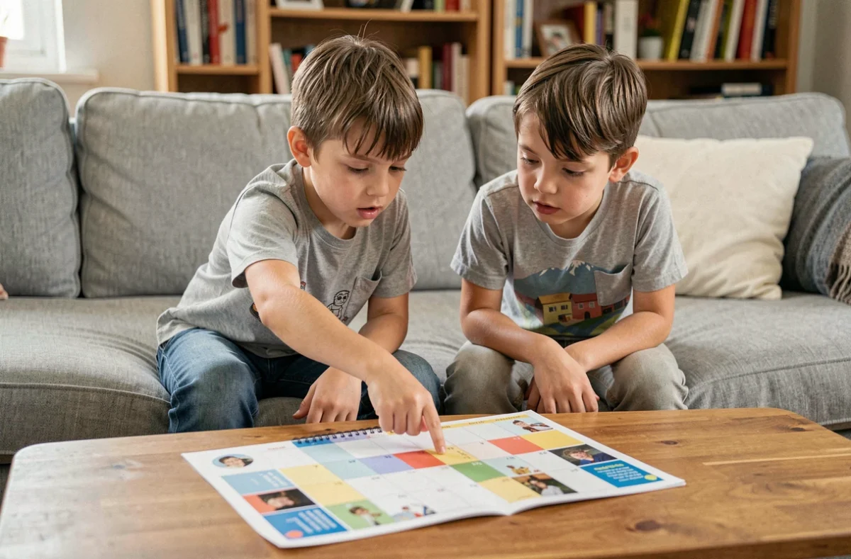 Deux enfants regardant ensemble un calendrier imprimable de semaines paires et impaires pour leur planning de garde alternée 2026
