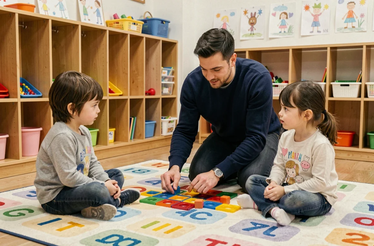 Enseignant de maternelle guidant deux enfants dans la construction avec des tuiles magnétiques sur un tapis de classe