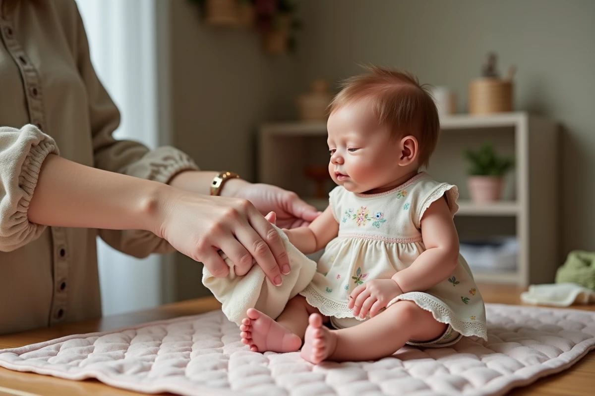 Femme nettoyant délicatement une poupée reborn fille réaliste avec un chiffon doux sur une table en bois