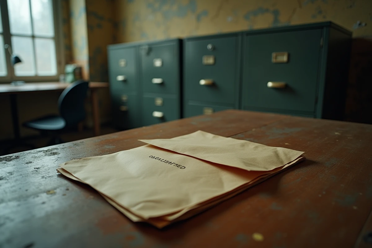 Enveloppe scellée et documents confidentiels posés sur une table en bois dans un bureau institutionnel, évoquant secrets et rumeurs non vérifiées
