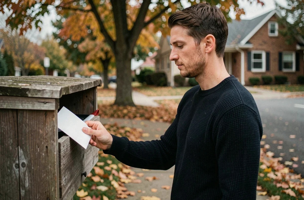 Personne déposant une lettre de condoléances dans une boîte aux lettres en automne dans une rue résidentielle calme
