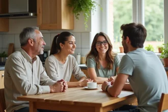 Famille réunie autour d'une table de cuisine pour une discussion ouverte et bienveillante entre parents et adolescents