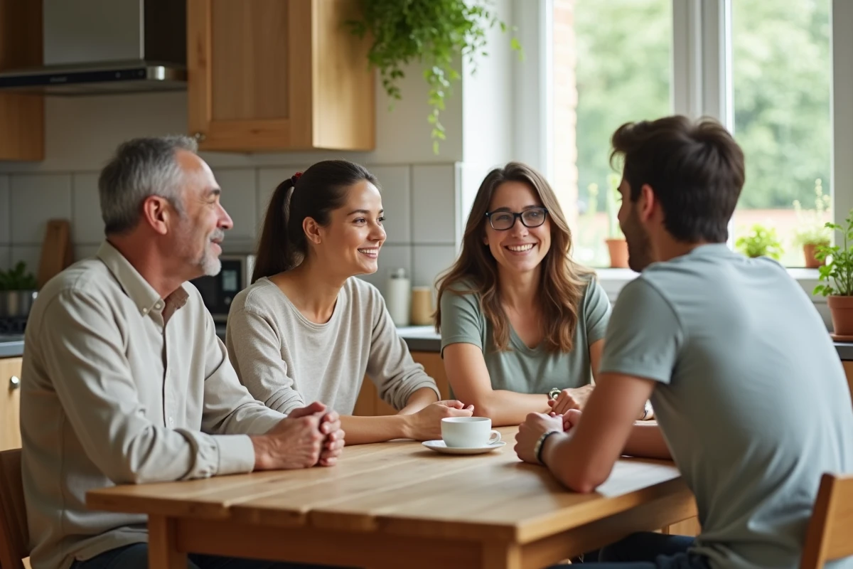 Famille réunie autour d'une table de cuisine pour une discussion ouverte et bienveillante entre parents et adolescents