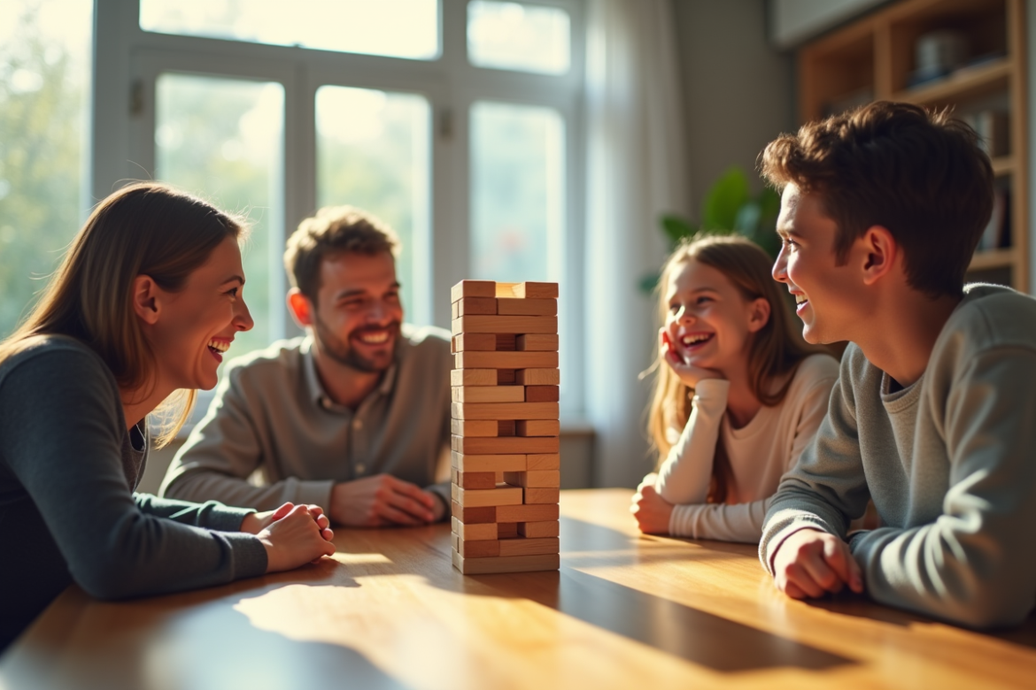 Famille jouant au Jenga dans un salon lumineux