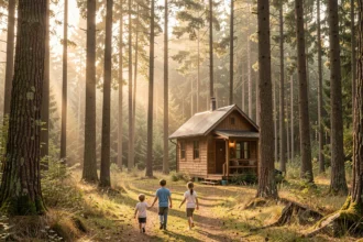 Famille marchant vers une cabane en bois dans la forêt